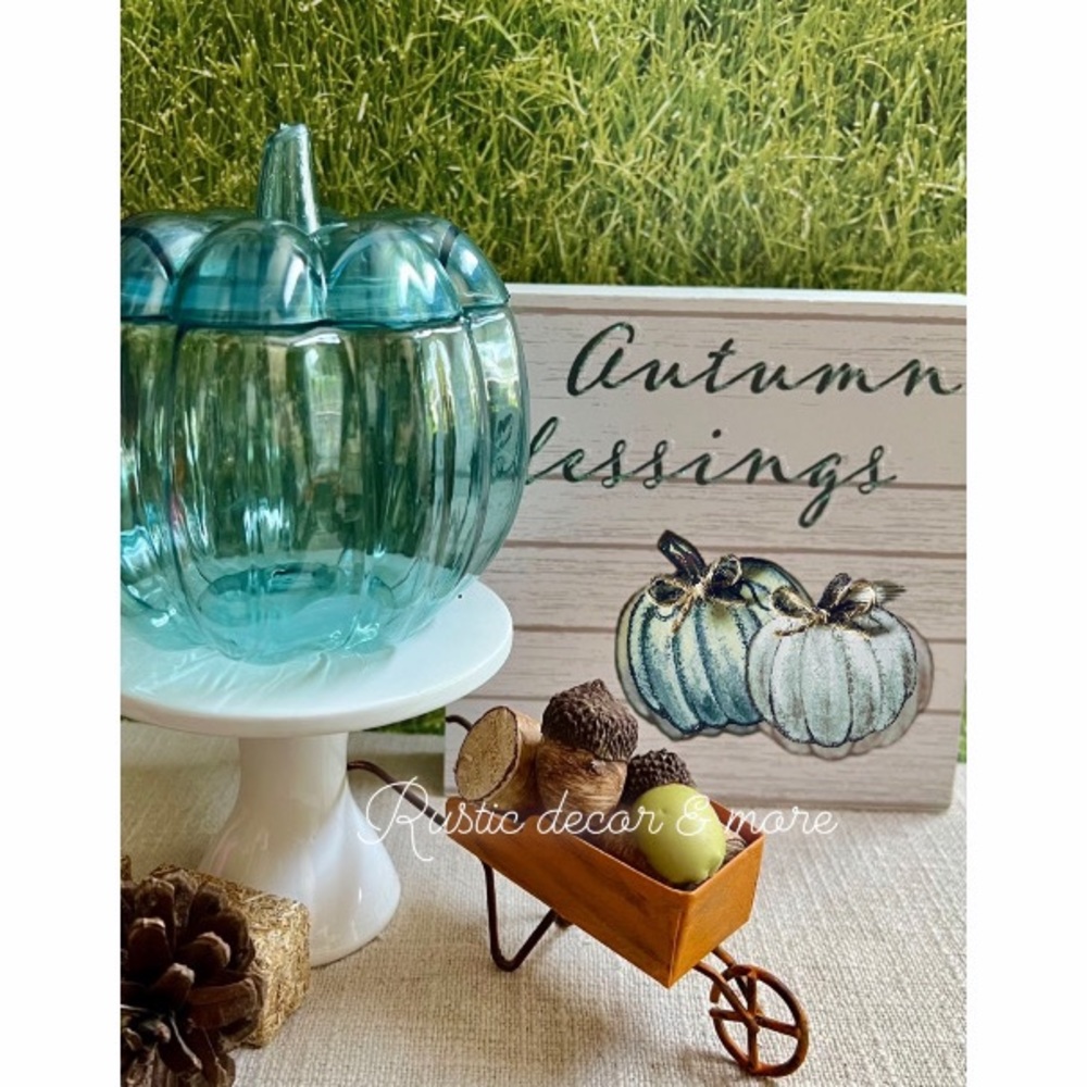 Farmhouse Autumn Sign &  Blue Pumpkin Decor For Your Tier Trays